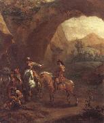 Landscape with troopers and soldiers beneath a rocky arch